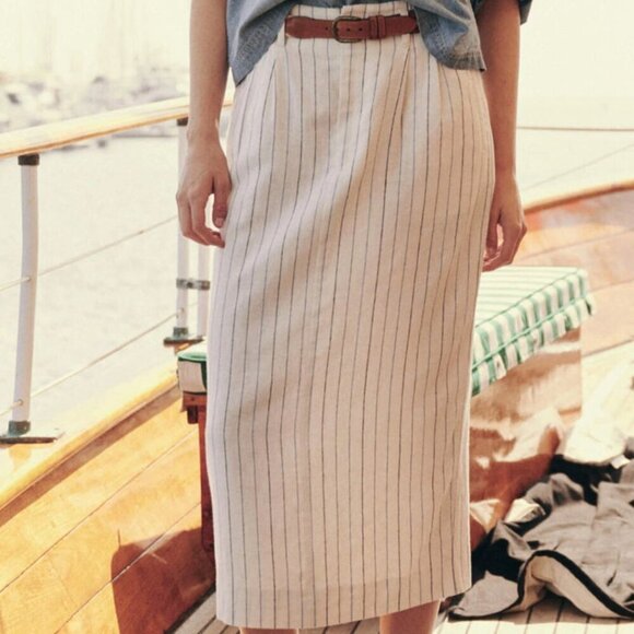 NWT THE GREAT. Women's Pleated Column Mid Rise Skirt | Sz 25 | Cream Pinstripe - Picture 3 of 11